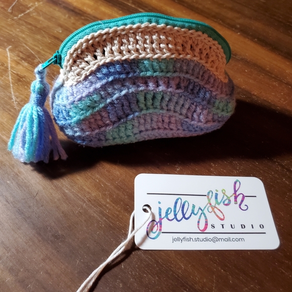 Hand Crafted Handbags - Handmade Coin Purse Mini Zip Pouch Tassel Crochet Wallet Stash Makeup Bag Blue